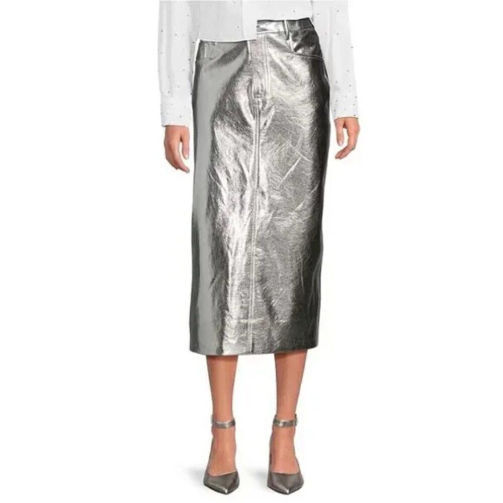 NWT Gianni Bini Gianni Metallic Coated High Rise Midi Skirt in Silver Sz. 4